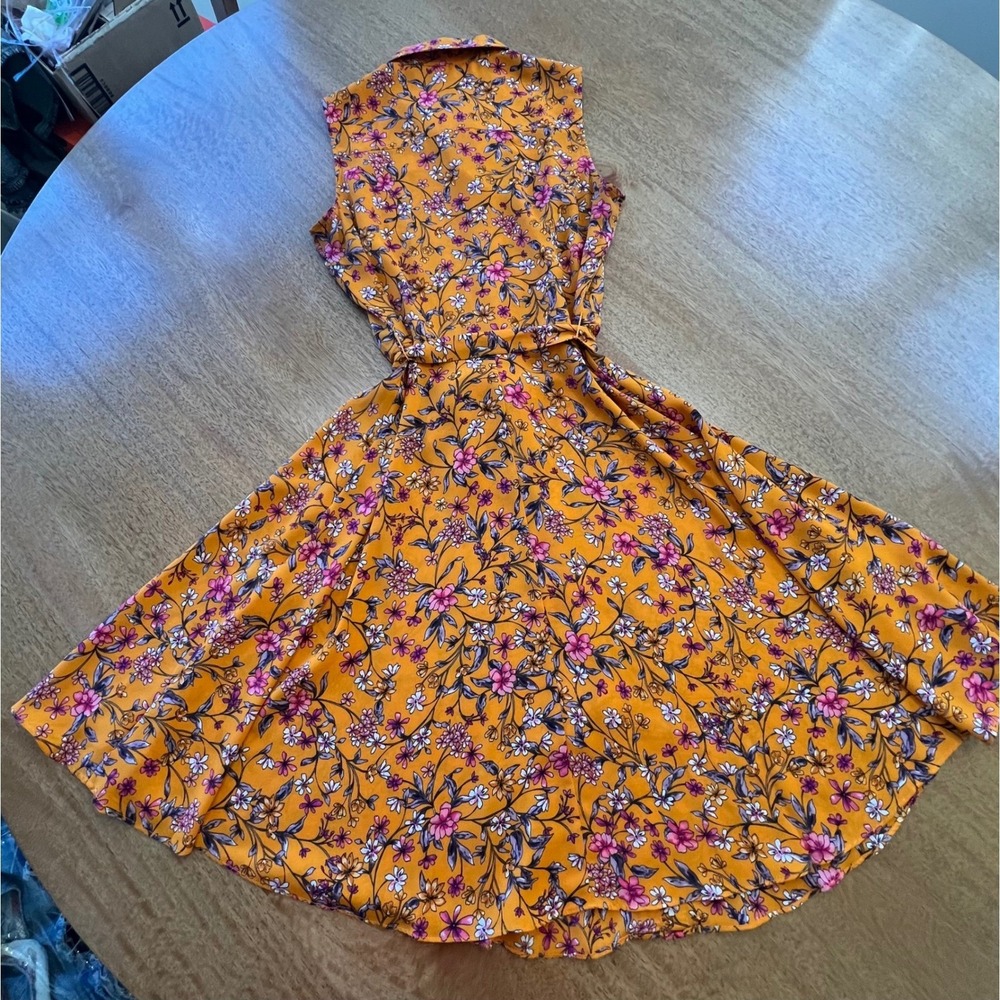 Nanette Lepore Orange Floral Pintuck Sleeveless Shirt Dress Size 10 Belted Knee - Picture 6 of 10